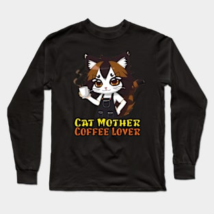 Cute Cartoon Coffee Lover Cat Mother Long Sleeve T-Shirt